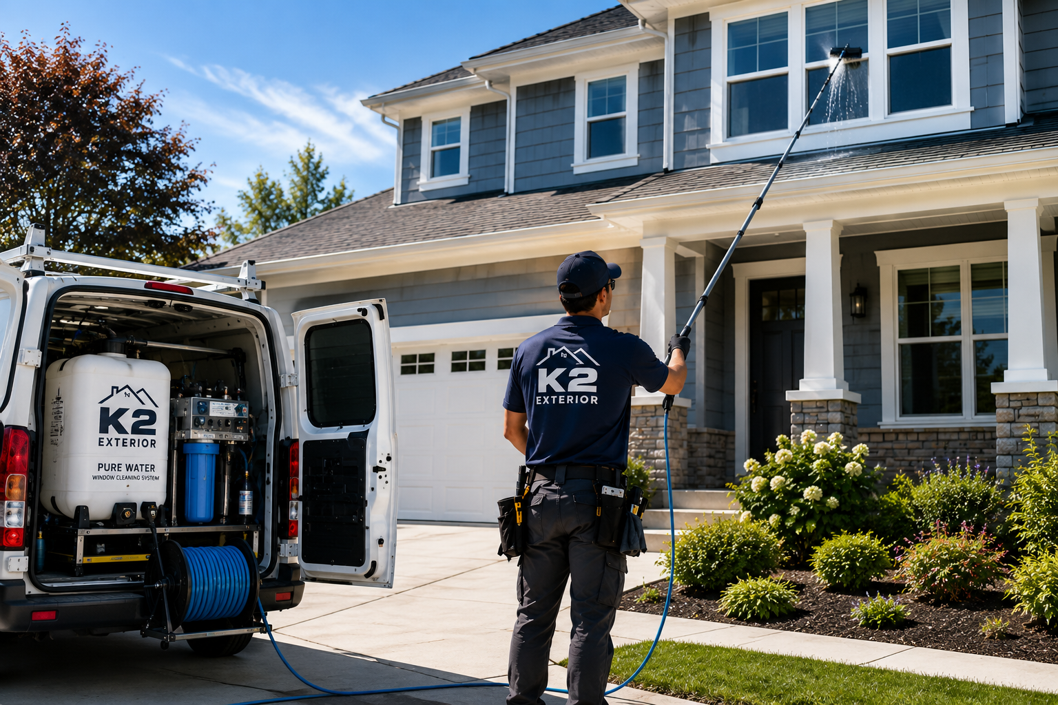 K2 Exterior technician cleaning windows at a Bay Area home
